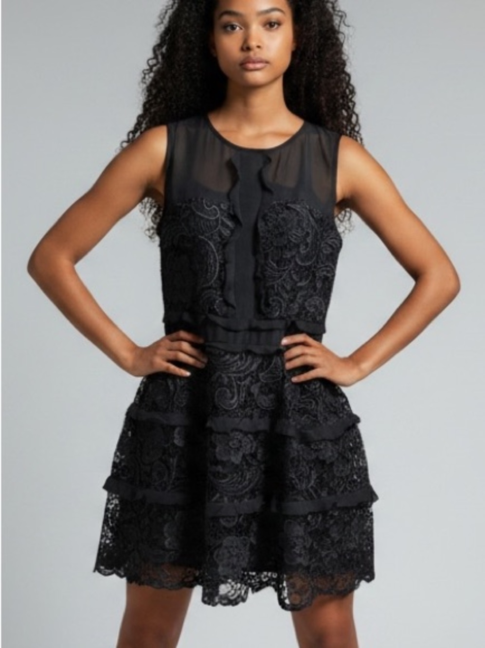 The Clothing Company NWT black lace and ruffles ‘First to Fall’ mini dress. Sz L